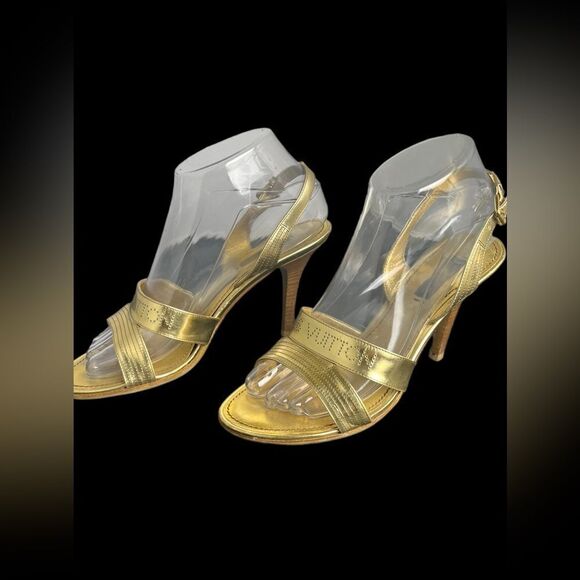 Rare Louis Vuitton Gold Slingback Sandals w/3.5” Stacked Wood Heel Size 38/US 7 - Picture 7 of 15